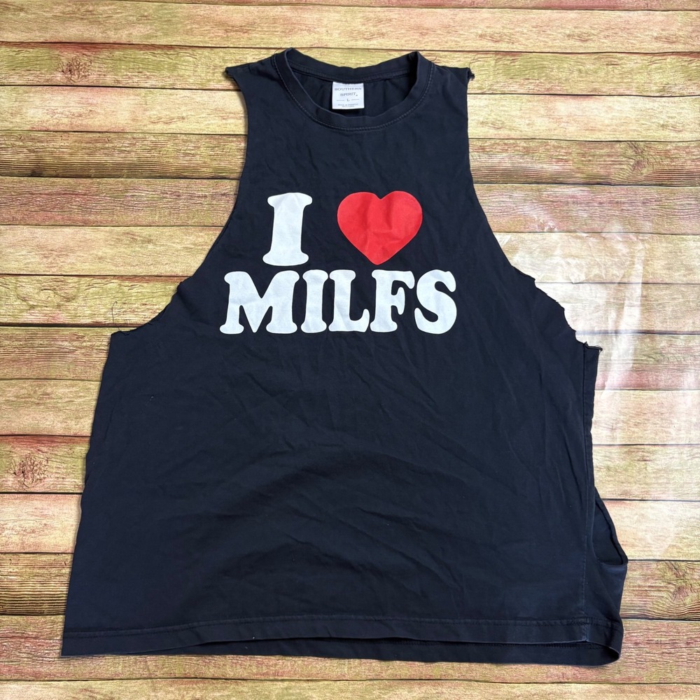 Southern Spirit I Heart Milfs Muscle Tank Top Black Large Graphic Gym Shirt Y2K